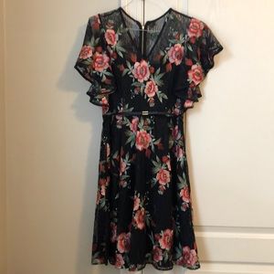 Calvin Klein black floral flutter sleeve dress 8